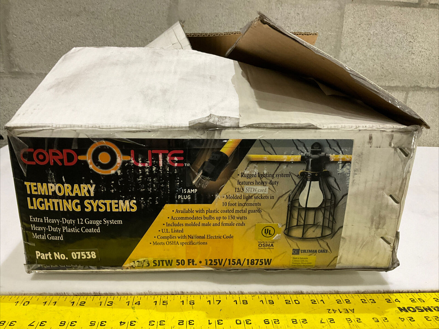 CORD-O-LITE 07538 TEMPORARY LIGHTING SYSTEM 12/3 SJTW 50FT 125V/15A/1875W 476