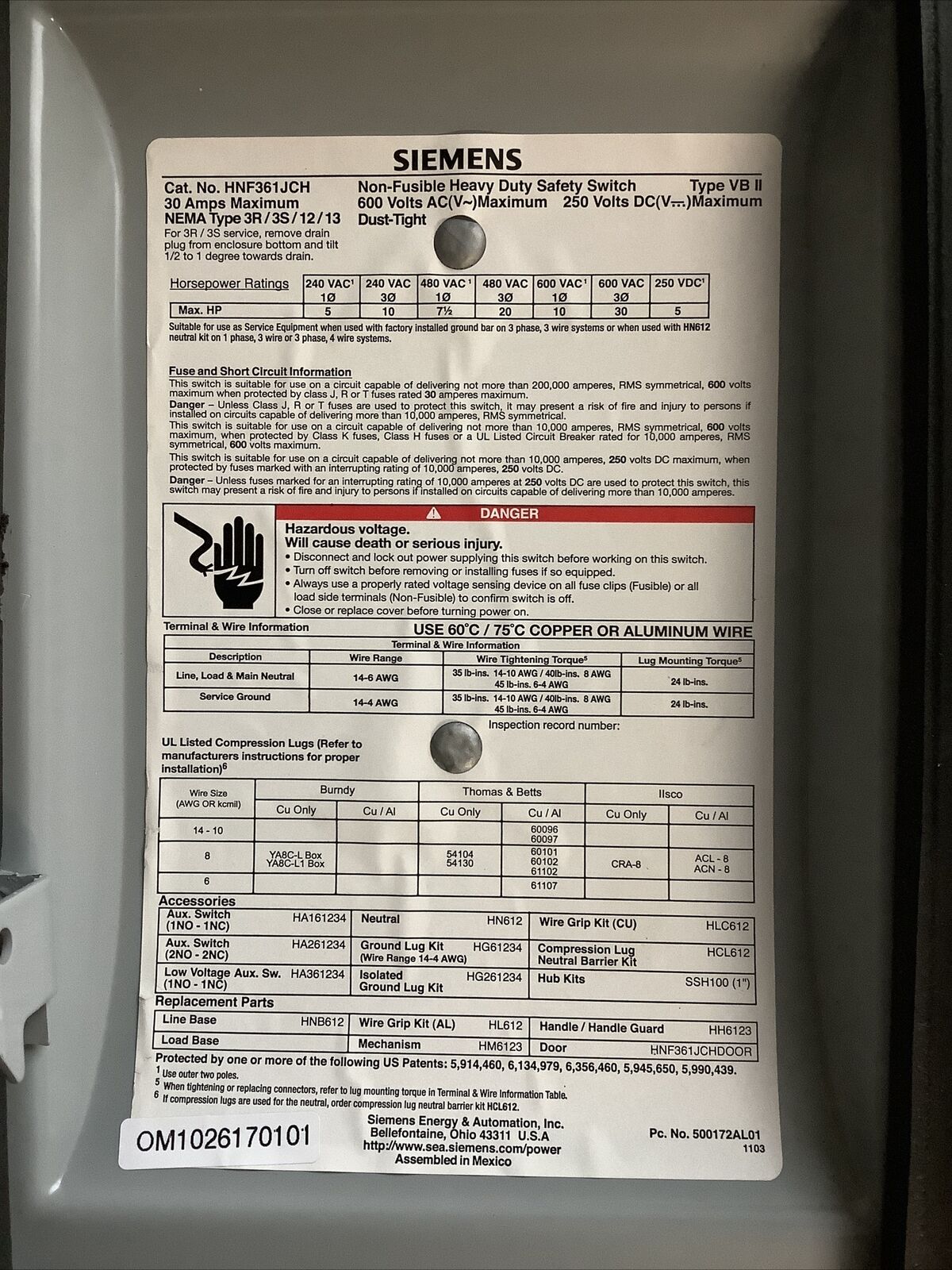 SIEMENS HNF361JCH HEAVY DUTY SAFETY SWITCH W/ CROUSE HINDS RECEPTACLE