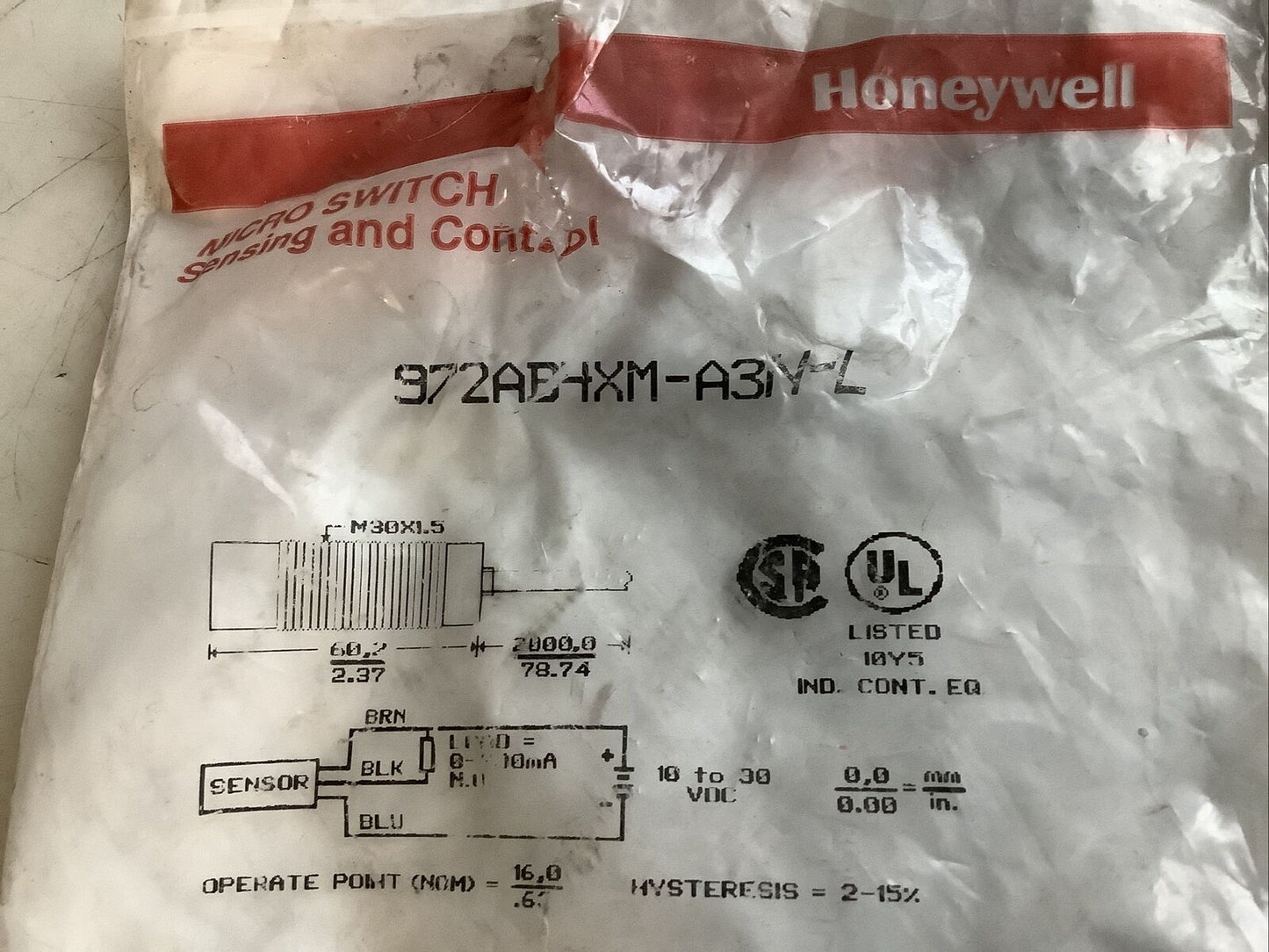 HONEYWELL 972AB4XM-A3N-L PROXIMITY SENSOR 30VDC 0.2A 476