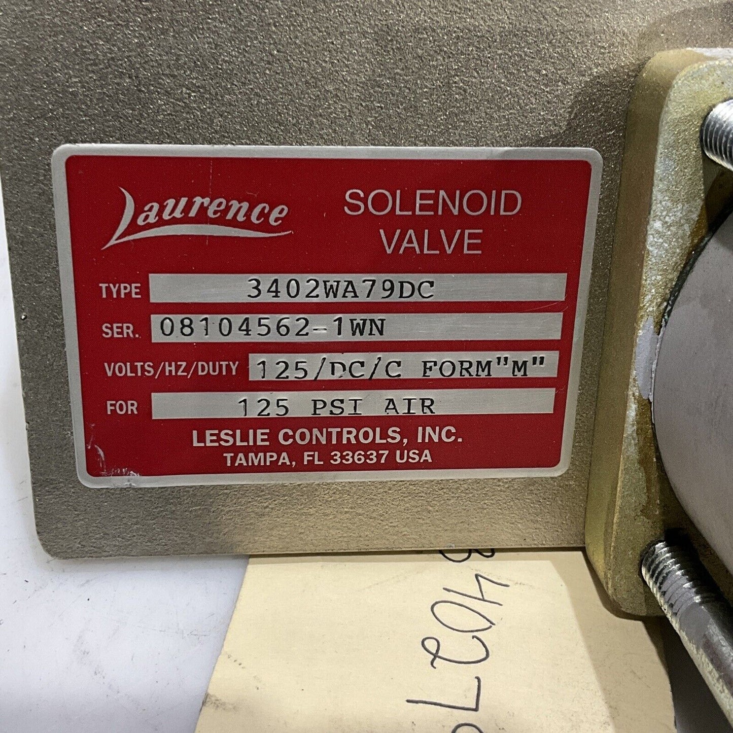 LAURENCE 3402WA79DC SOLENOID VALVE 125 DC FORM “M” 125 PSI AIR 476