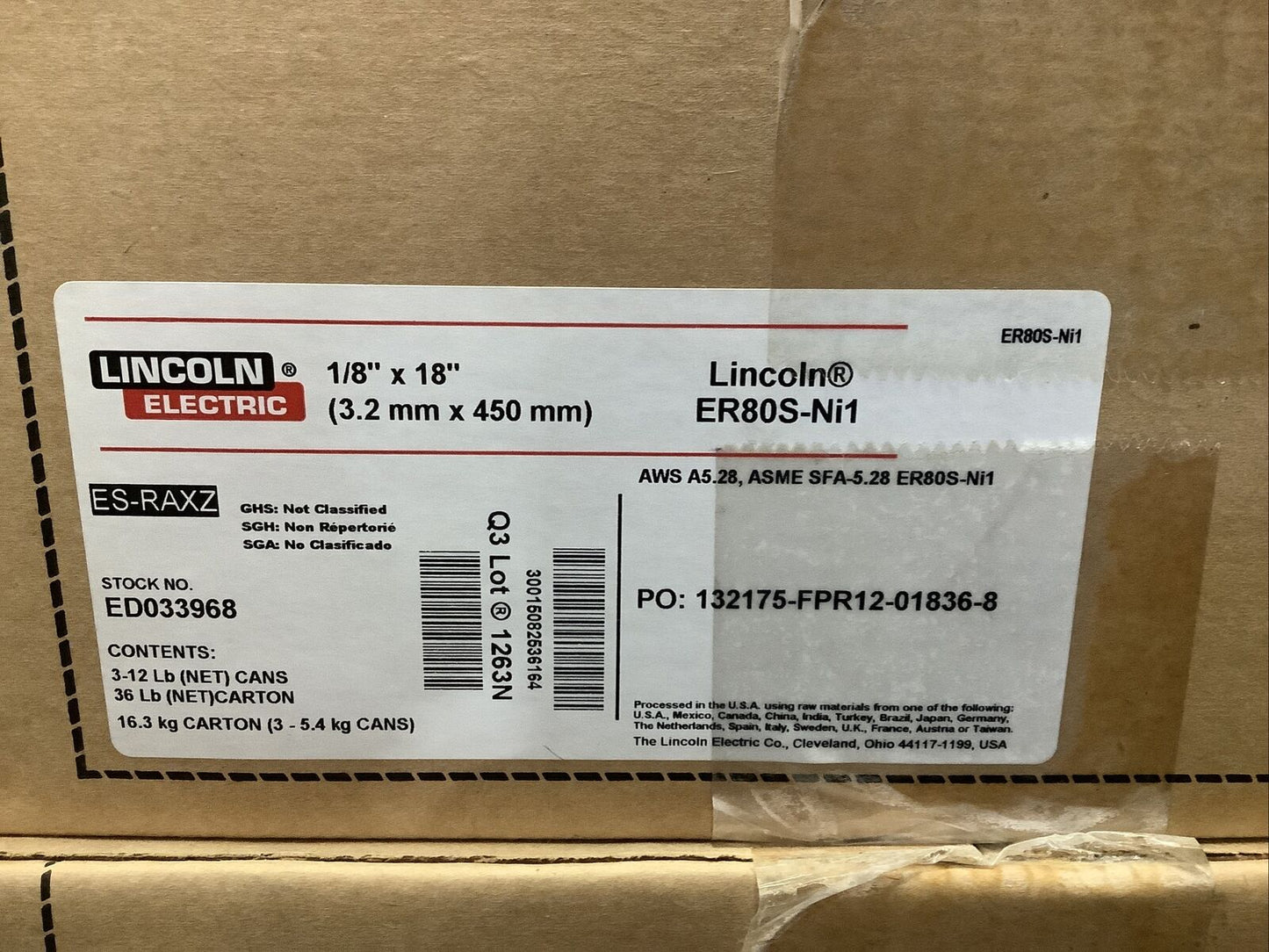 LINCOLN ELECTRIC ER80S-NI1 WELDING RODS 1/8IN X 18IN 12LBS 11908 - QTY 3 36LBS