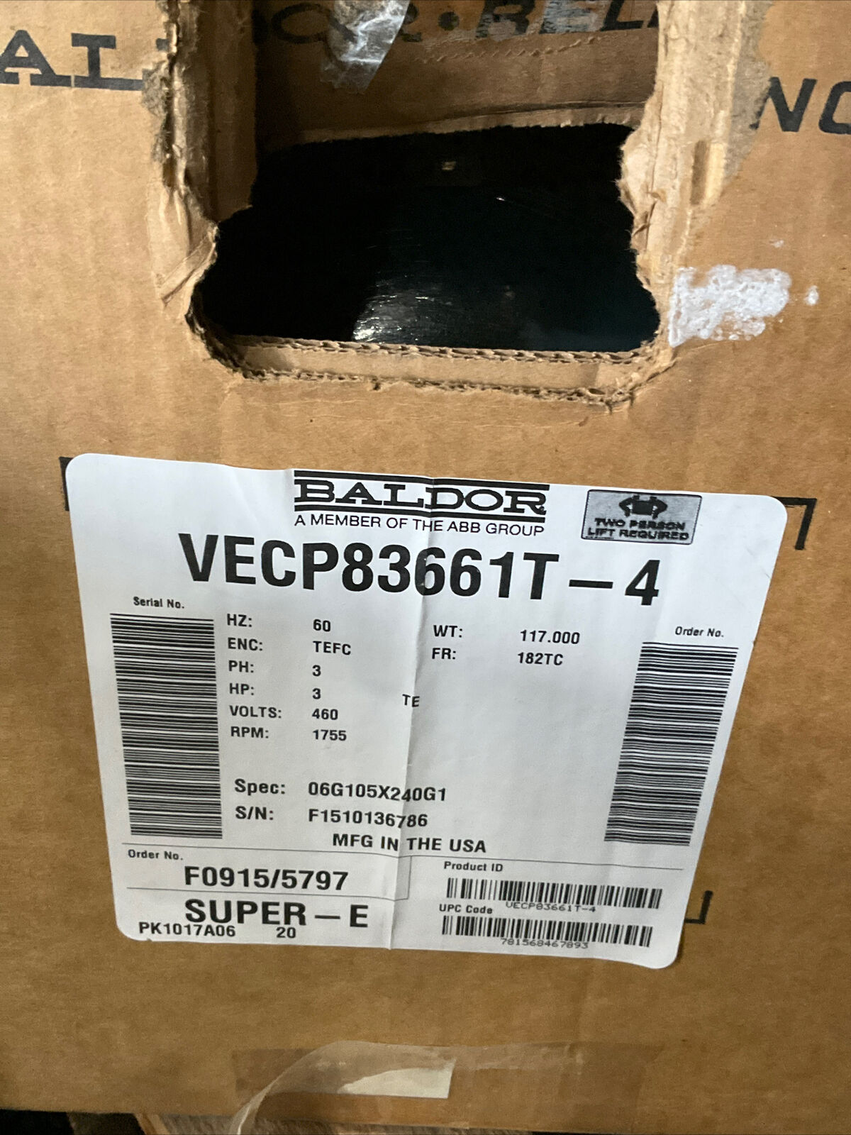 BALDOR RELIANCE VECP83661T SUPER E MOTOR 60HZ 3PH 3HP 460V 1755 RPM 373