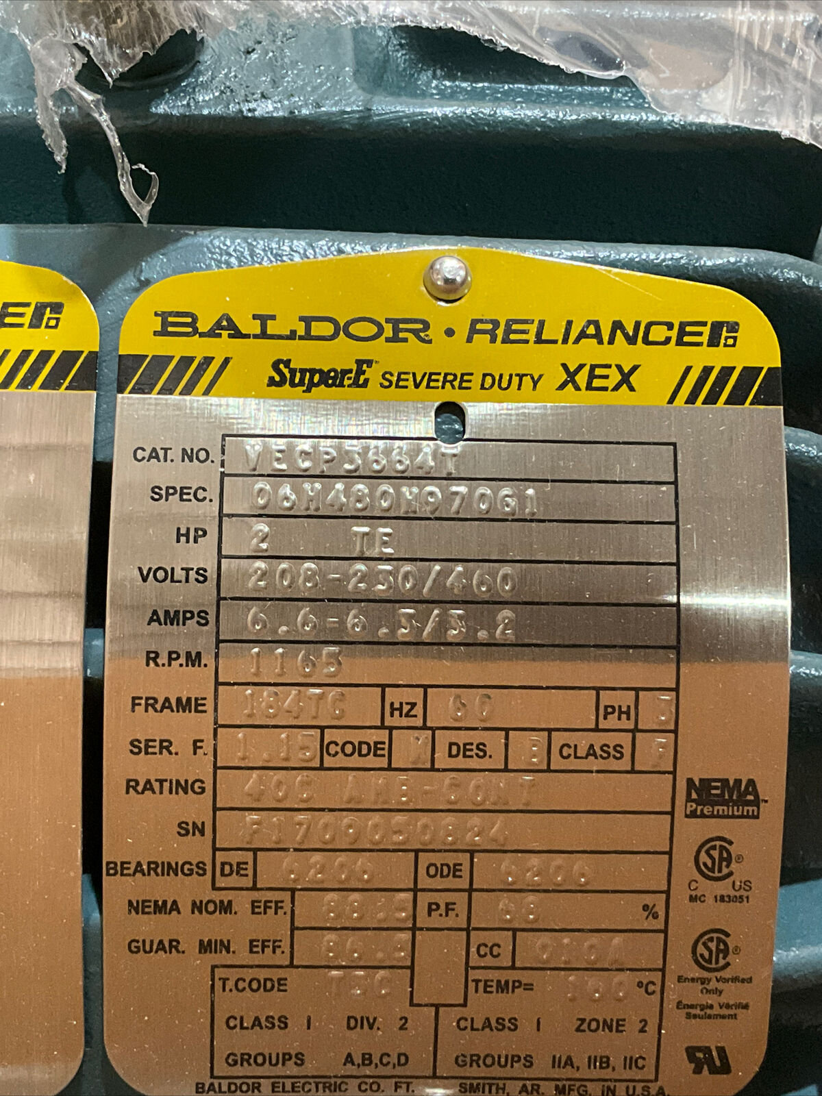 BALDOR RELIANCE VECP3664T SUPER E MOTOR 60HZ 3PH 2HP 208-230/460V 1165RPM 373