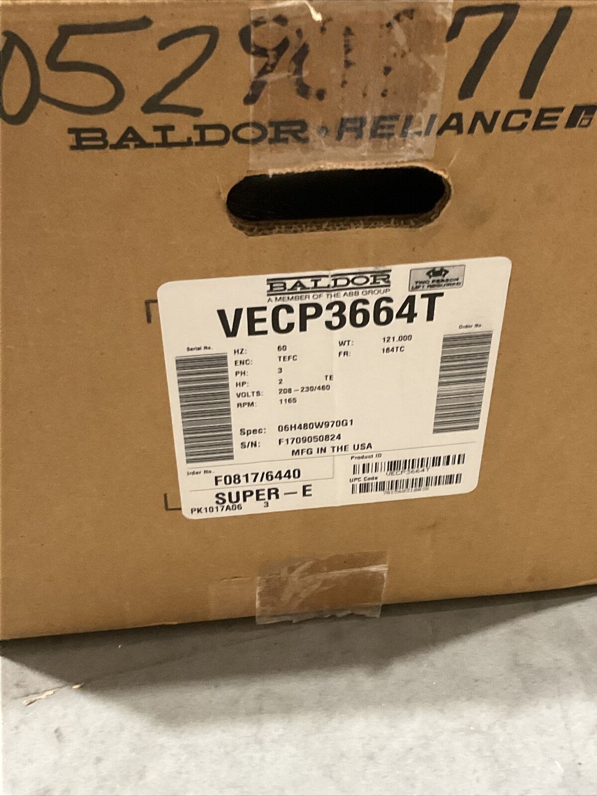 BALDOR RELIANCE VECP3664T SUPER E MOTOR 60HZ 3PH 2HP 208-230/460V 1165RPM 373