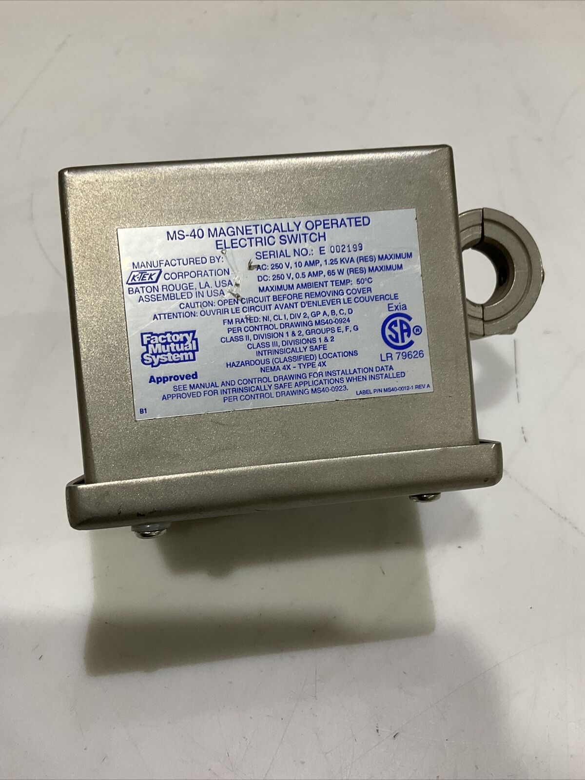 K-TEC FACTORY MUTUAL SYSTEM MS-40 MAGNETICALLY OPERATED ELECTRONIC SWI ...