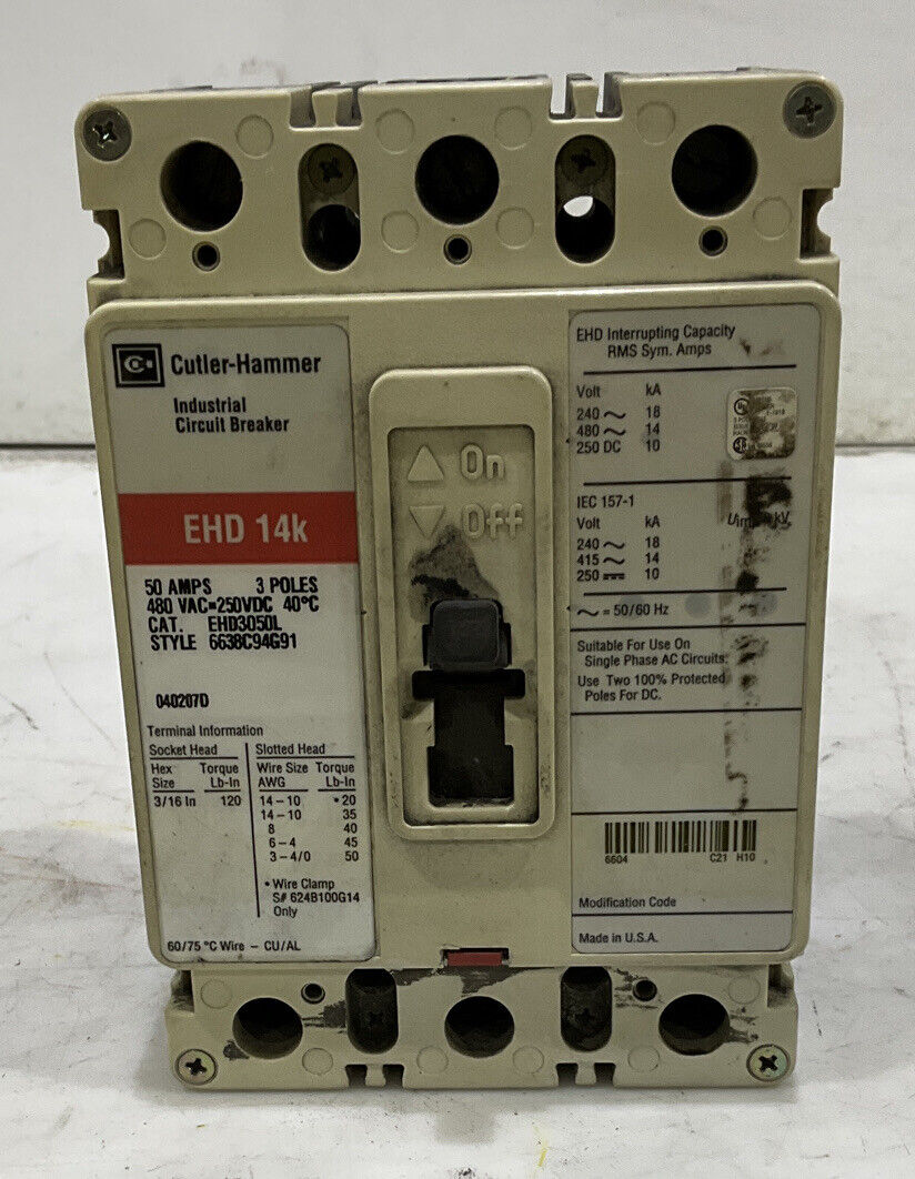 CUTLER-HAMMER 040207D 50A EHD3050L 6638C94G91 CIRCUIT BREAKER 476