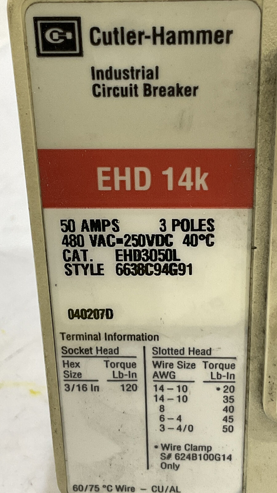 CUTLER-HAMMER 040207D 50A EHD3050L 6638C94G91 CIRCUIT BREAKER 476