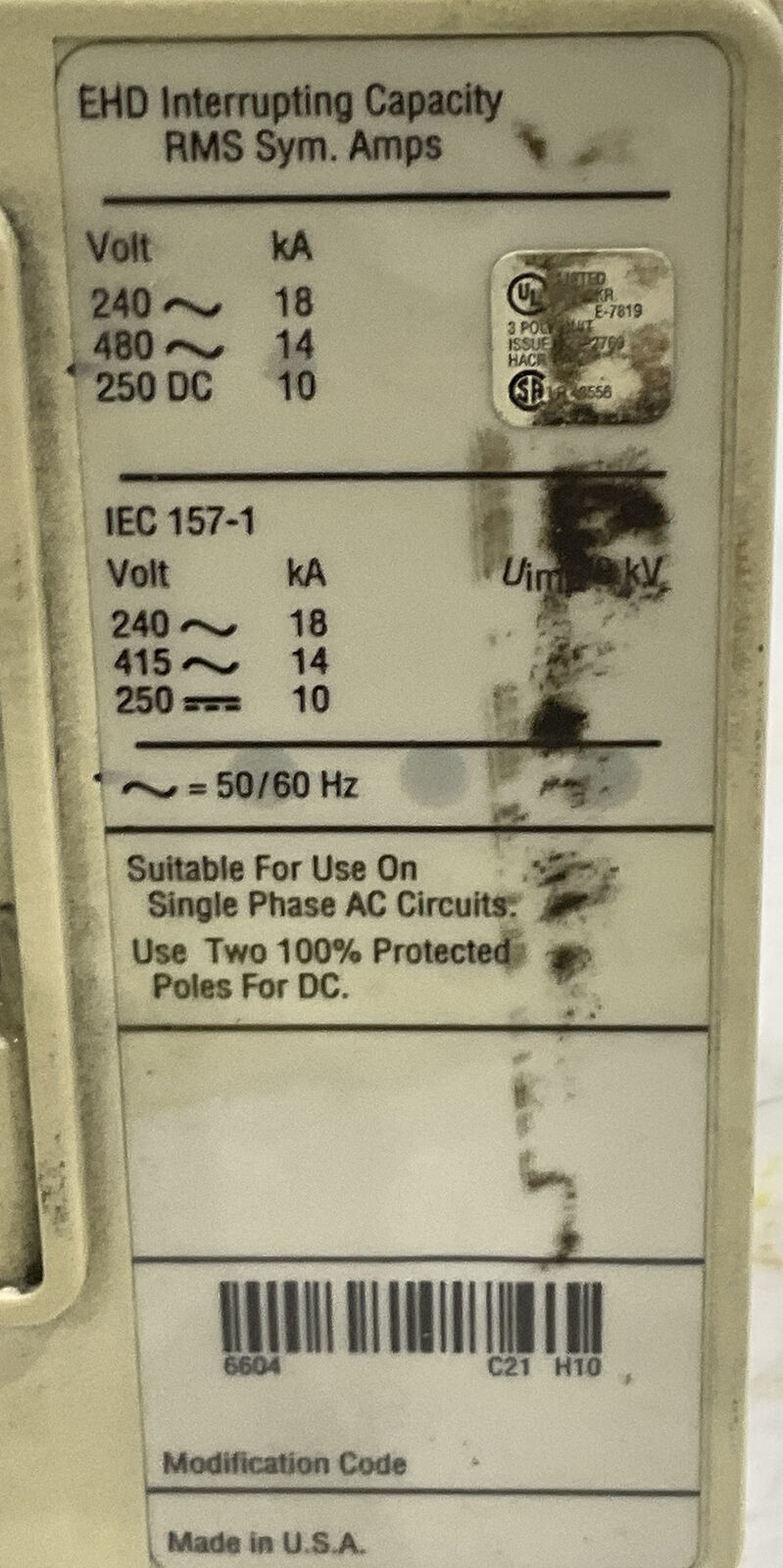 CUTLER-HAMMER 040207D 50A EHD3050L 6638C94G91 CIRCUIT BREAKER 476