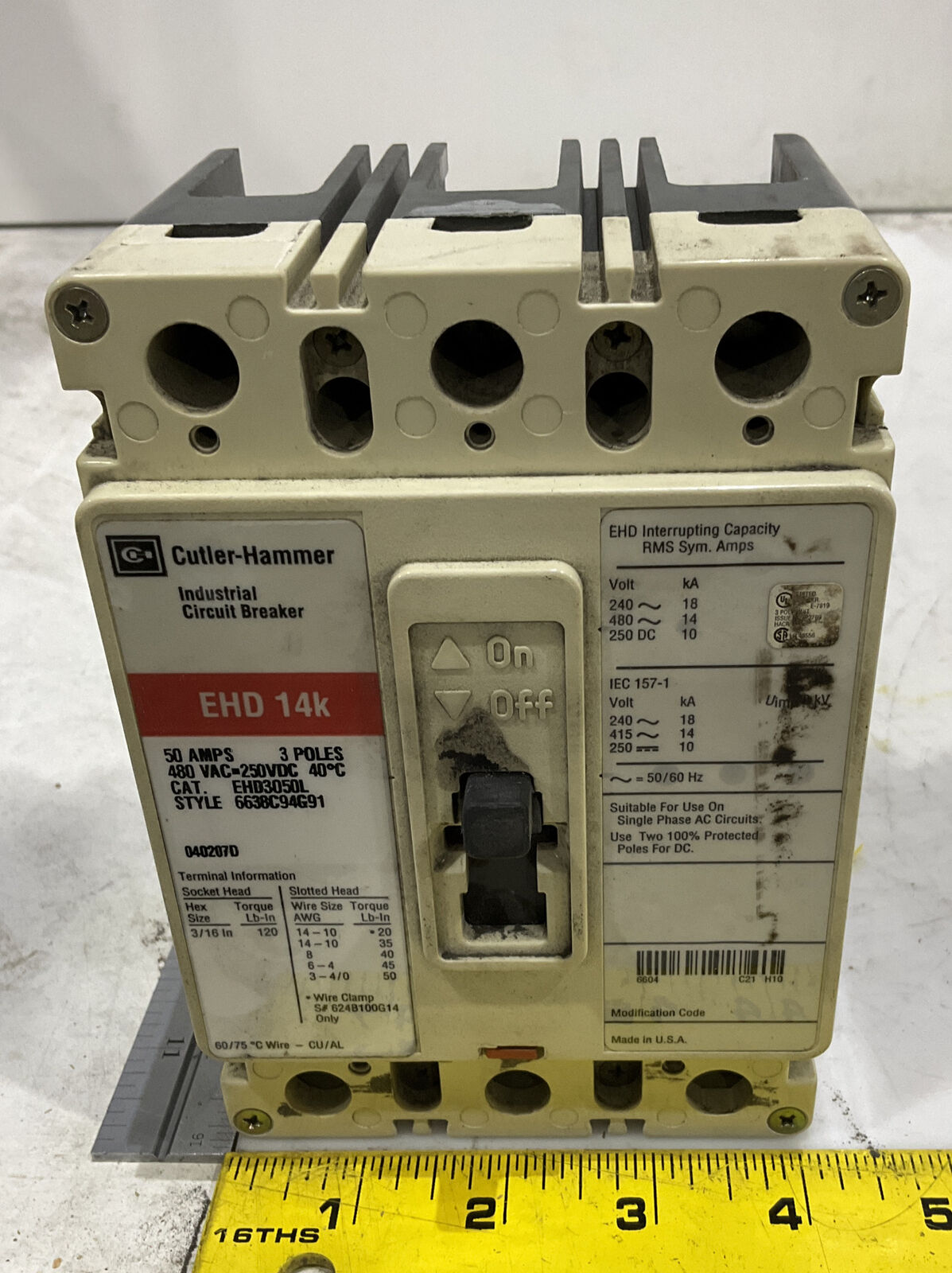 CUTLER-HAMMER 040207D 50A EHD3050L 6638C94G91 CIRCUIT BREAKER 476