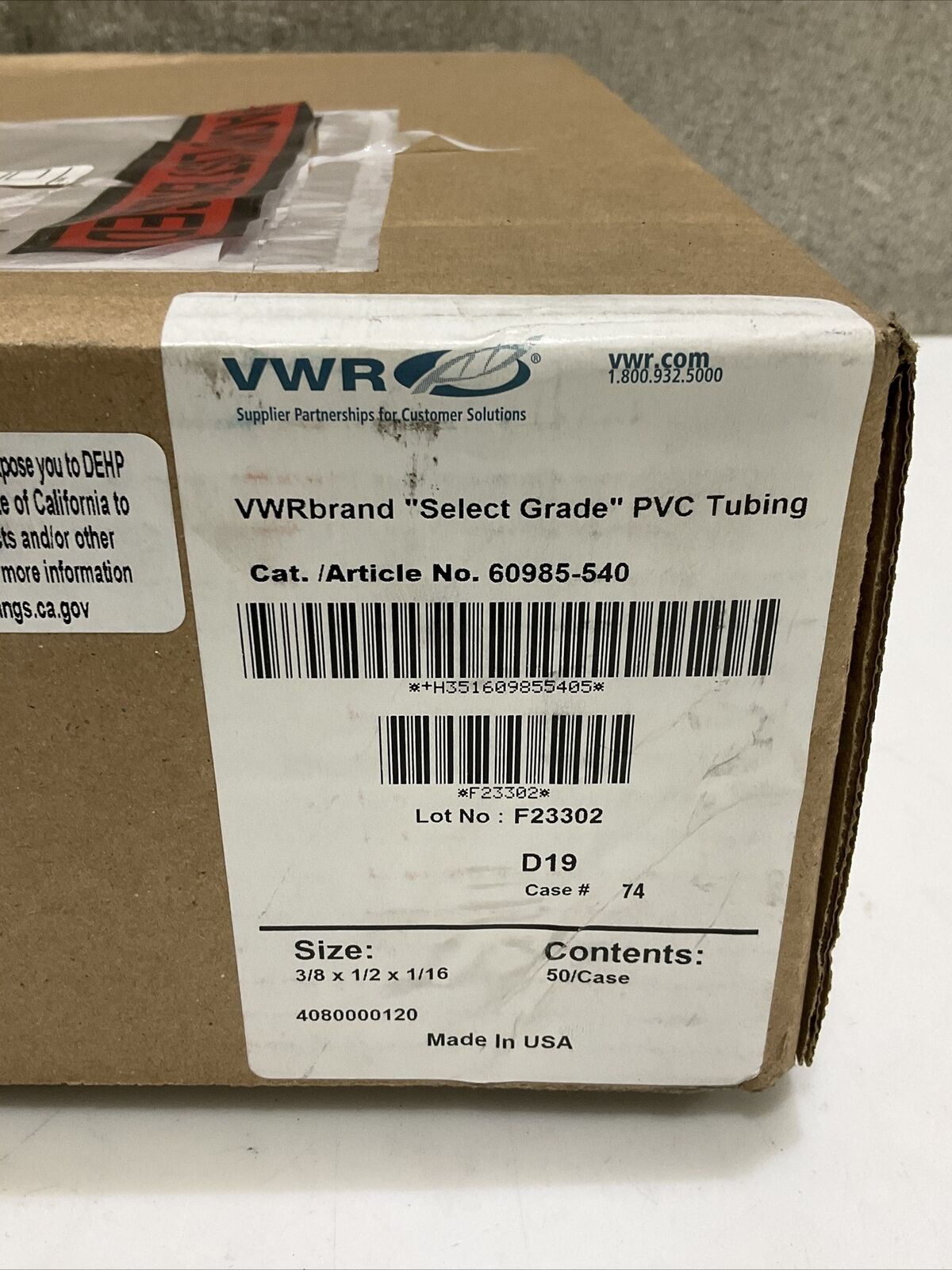 VWR 60985-540 PVC TYGON TUBING 3/8 X 1/2 X 1/16 373