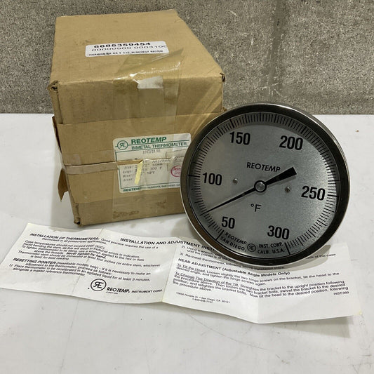 REOTEMP J BIMETAL THERMOMETER 2.5” STEM 5” ADJ RESET 50-300 F 1/2” NPT 373