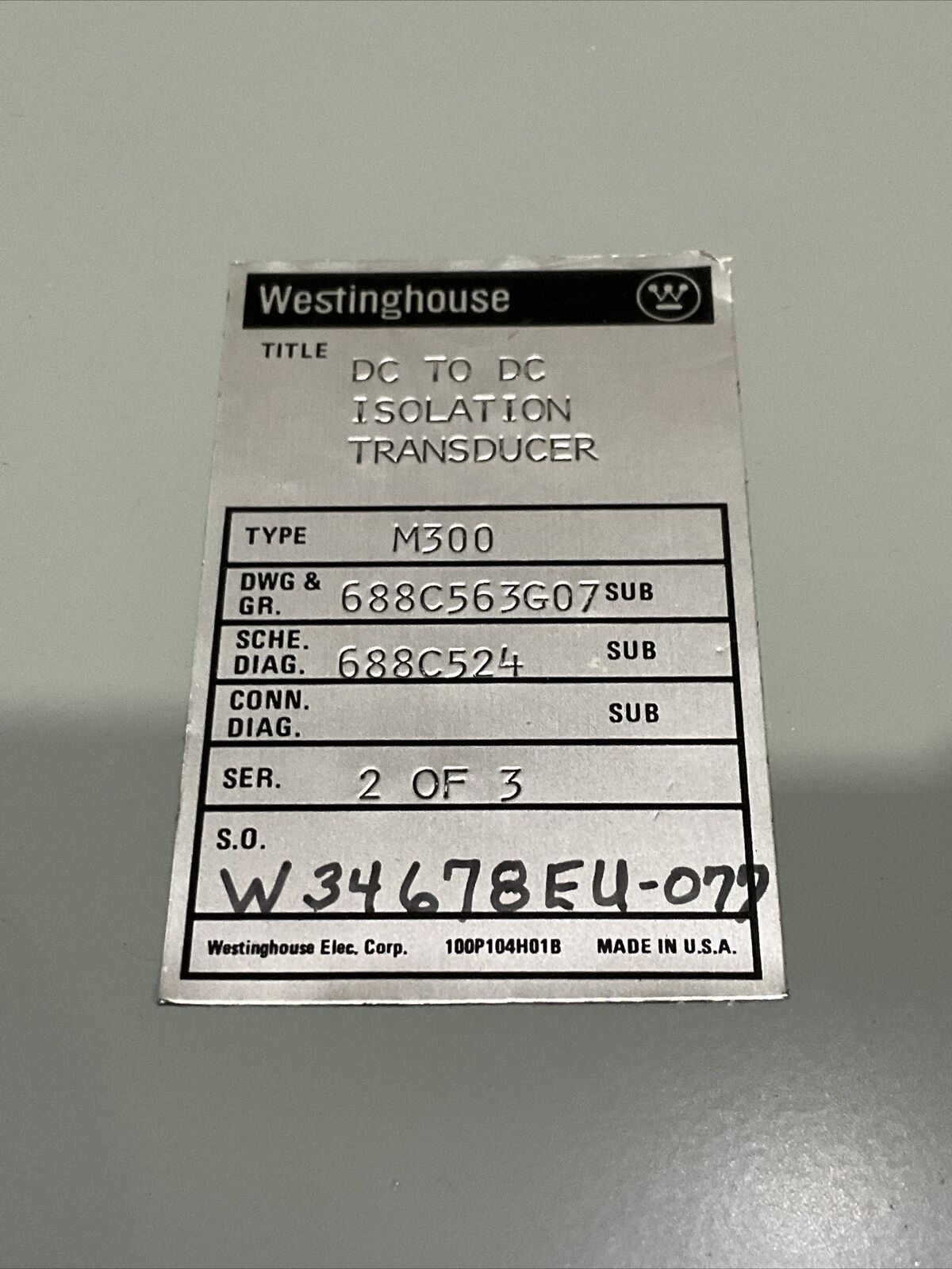 WESTINGHOUSE M300 688C563G07 W34678EU-077 DC TO DC ISOLATION TRANSDUCER 373