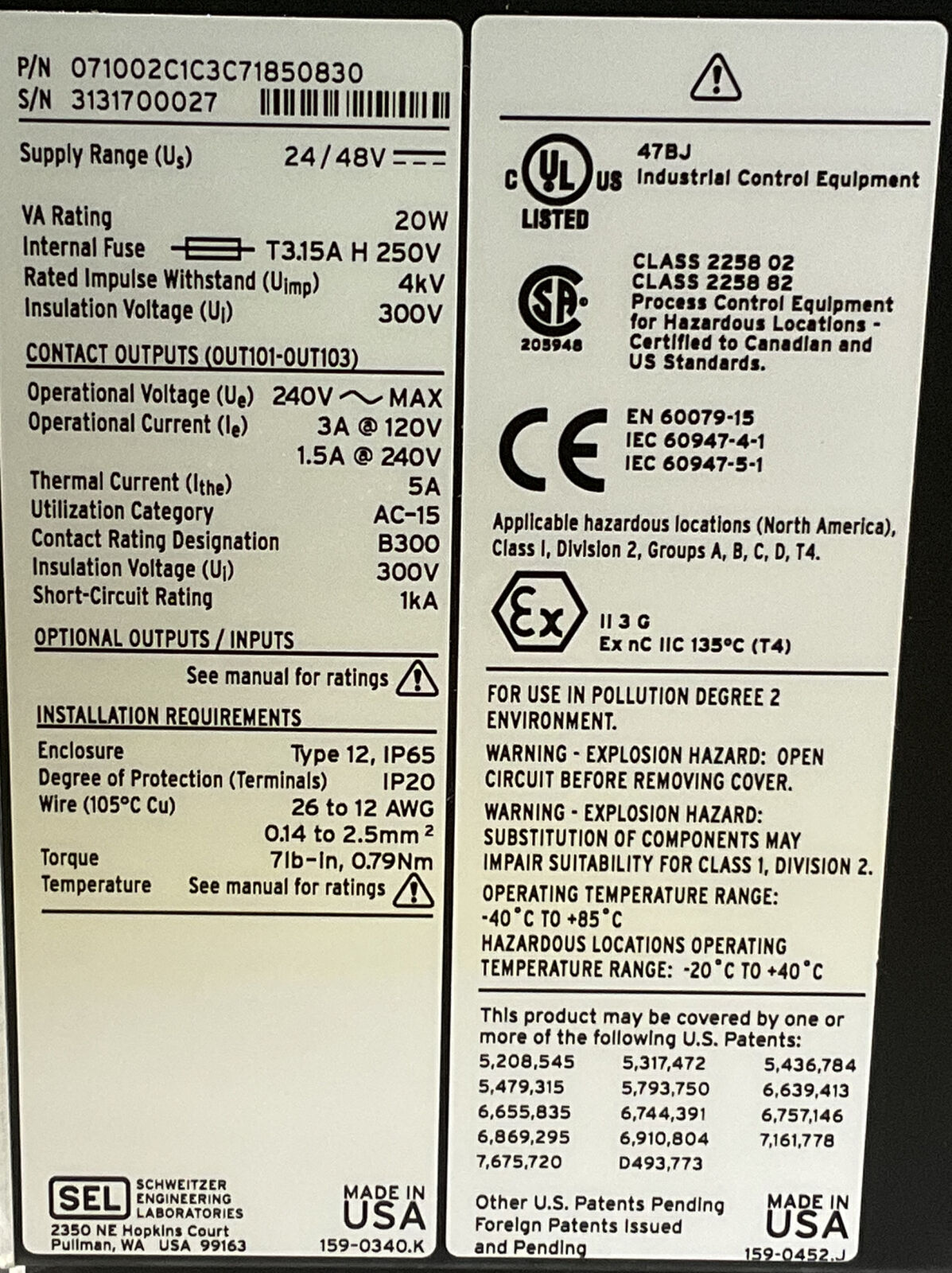 SCHWEITZER 071002C1C3C71850830 SEL-710 MOTOR PROTECTION RELAY 373