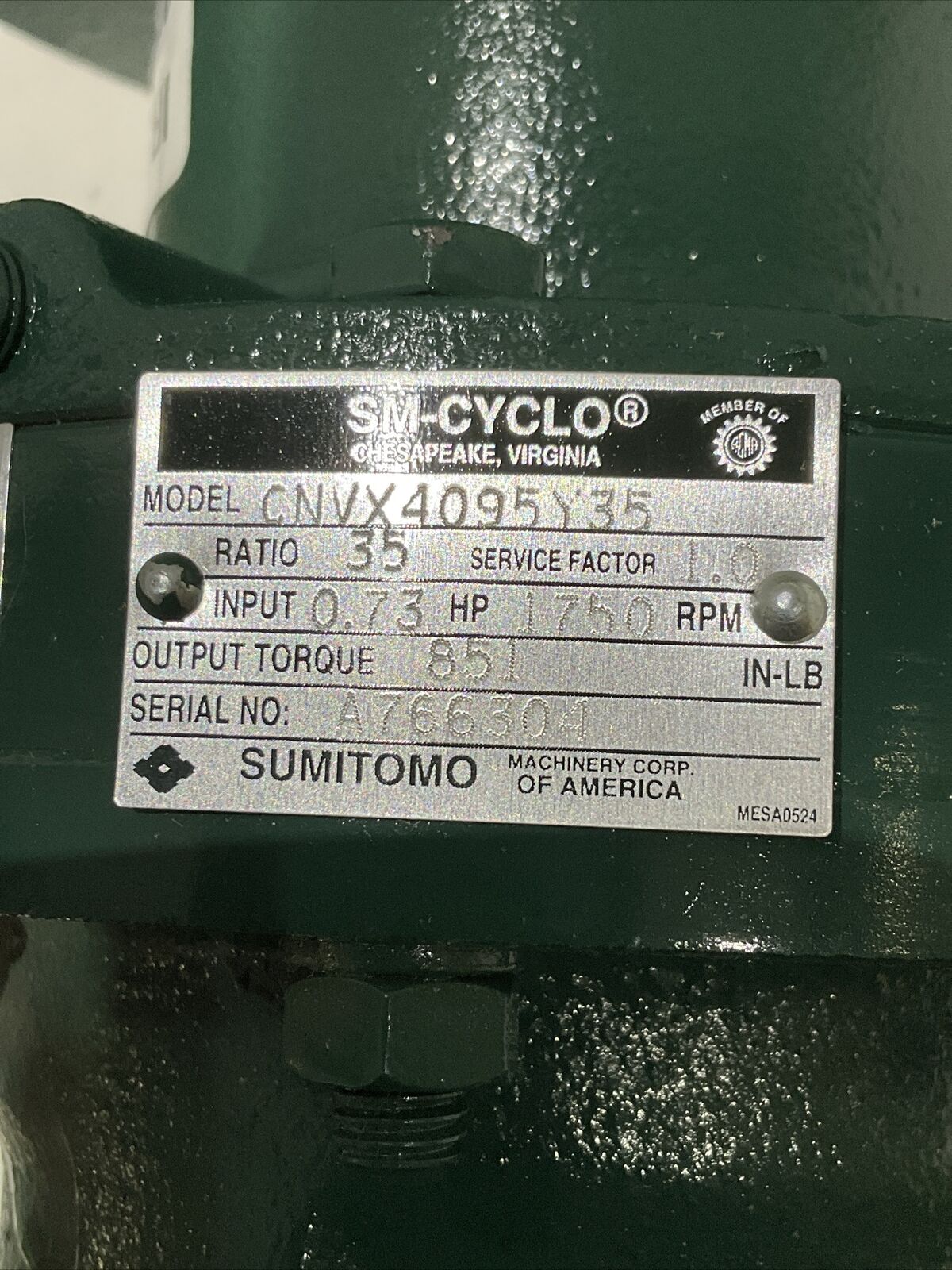 SM-CYCLO SUMITOMO CNVX4095Y35 SPEED REDUCER 4000 SERIES 35 RATIO 1750 RPM 373