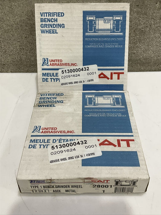 SAIT 28001 BENCH GRINDER WHEEL TYPE 1 6 X 3/4 X 1 A60X METAL LOT OF 2 373