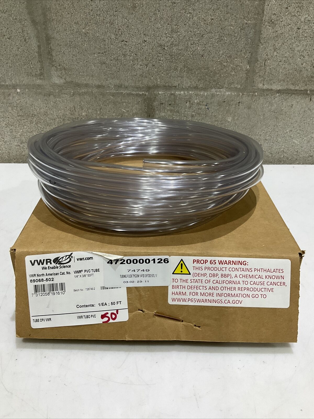 VWR 89068-502 CLEAR FLEX TUBING 1/4” X 3/8” 50 FT 373