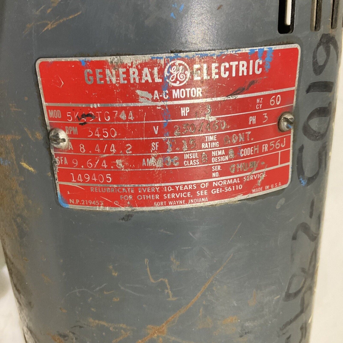 GENERAL ELECTRIC 5K49TG744 AC MOTOR 3 HP 60 HZ 3450 RPM 230/460V 3 PH 373