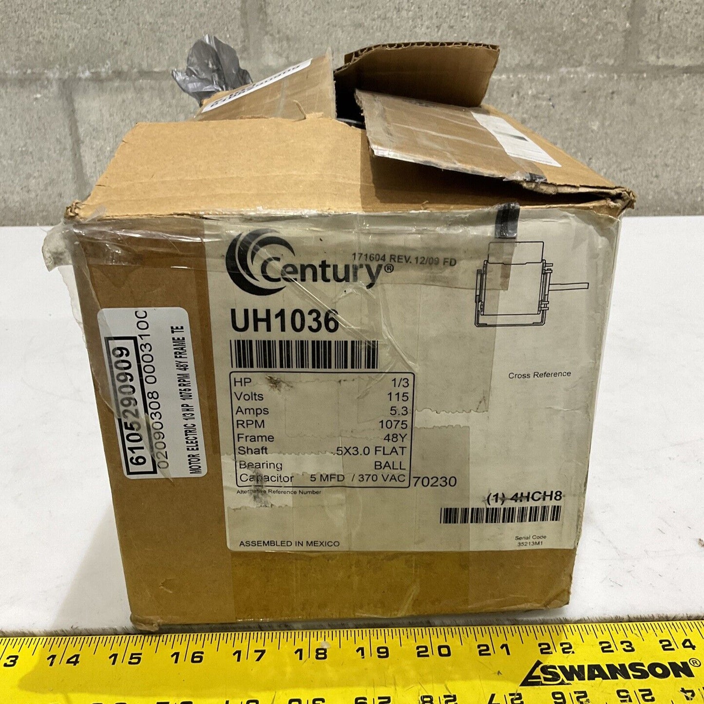 CENTURY UH1036 FAN MOTOR 1/3 HP 115 VOLTS 5.3 AMPS 1075 RPM 373