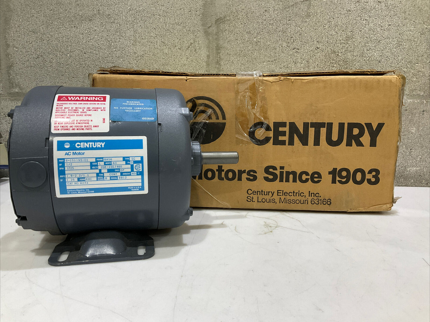 CENTURY 8-15195-01 AC MOTOR 1/2 HP 1725 RPM 60 HZ 373