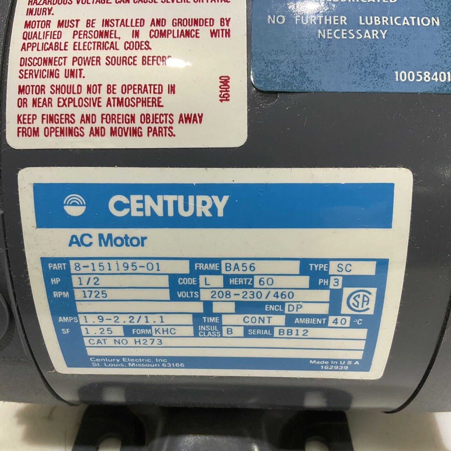 CENTURY 8-15195-01 AC MOTOR 1/2 HP 1725 RPM 60 HZ 373