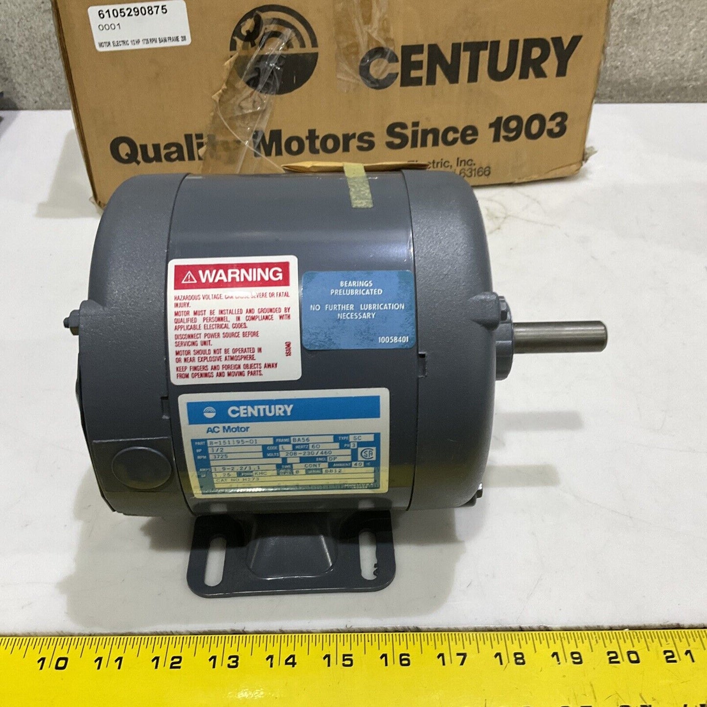 CENTURY 8-15195-01 AC MOTOR 1/2 HP 1725 RPM 60 HZ 373