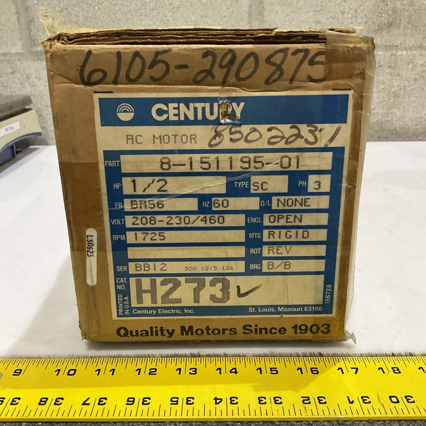 CENTURY 8-15195-01 AC MOTOR 1/2 HP 1725 RPM 60 HZ 373