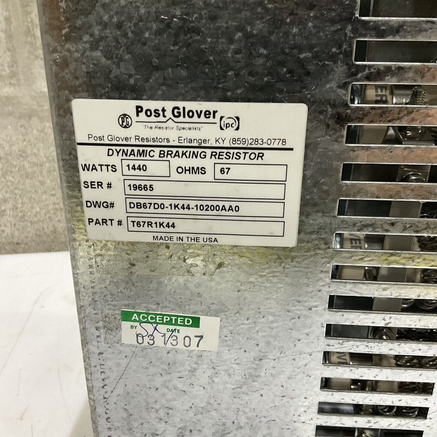 POST GLOVER T67R1K44-10200AA0 DYNAMIC BRAKING RESISTOR 1440 WATT 67 OHMS 373