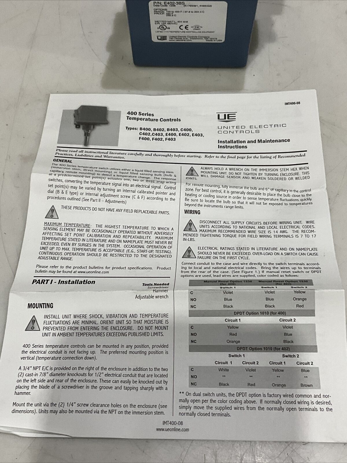 UNITED ELECTRIC CONTROLS E402-3BS TEMPERATURE CONTROLS 373