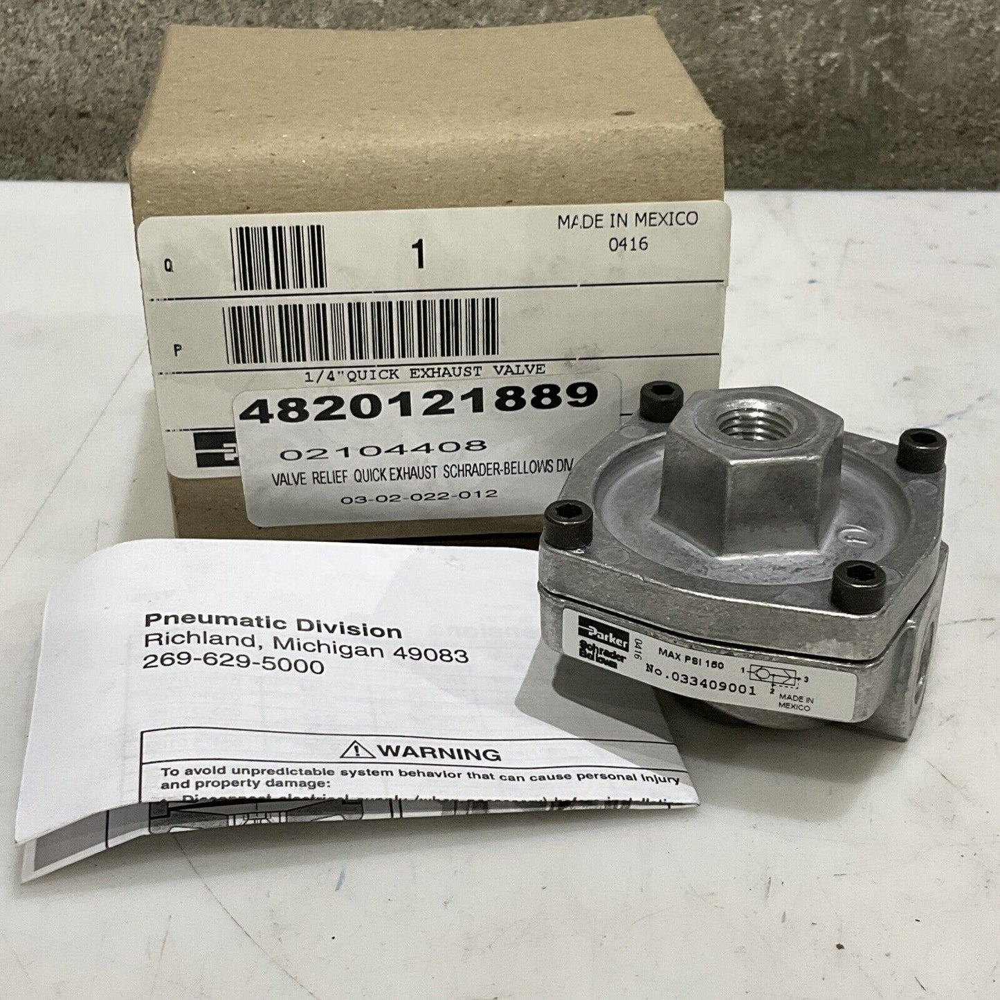 PARKER 033409001 PNEUMATIC QUICK EXHAUST VALVE 1/4” SCHRADER BELLOWS 373