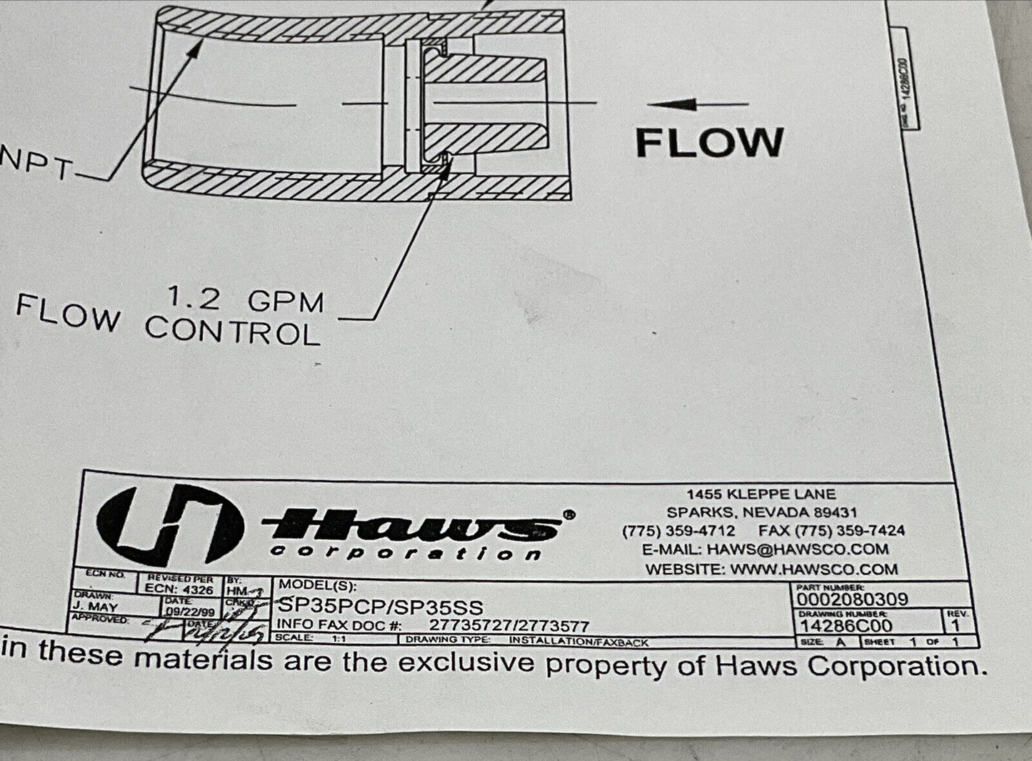 HAWS SP35CC / SP35SS FLOW CONTROL VALVE 1.2 GPM 30-90PSI 373