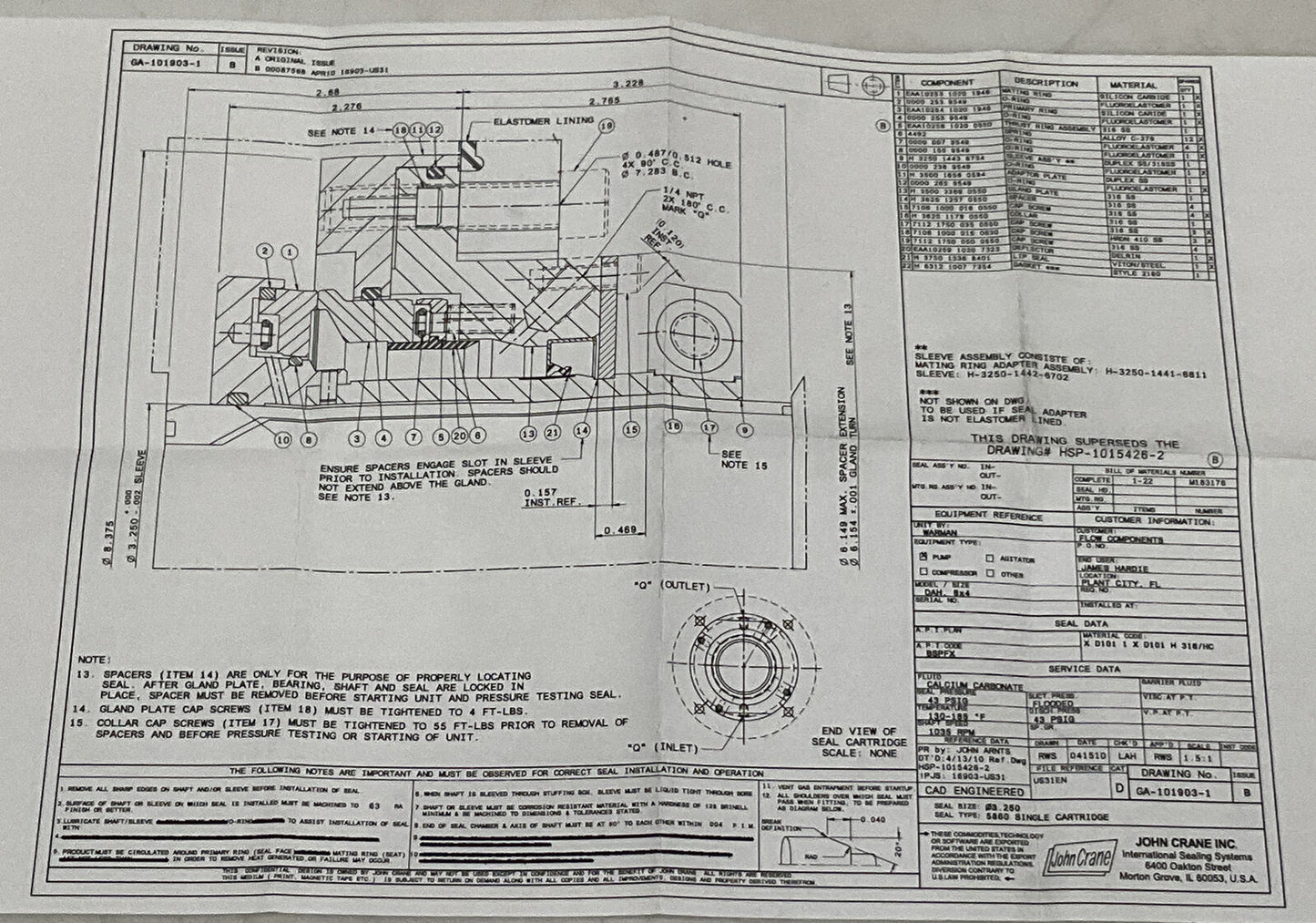 JOHN CRANE M183176 GA-101903-1 B A2R14 2DZAZ INTERMEDIATE SEAL ASSEMBLY 373