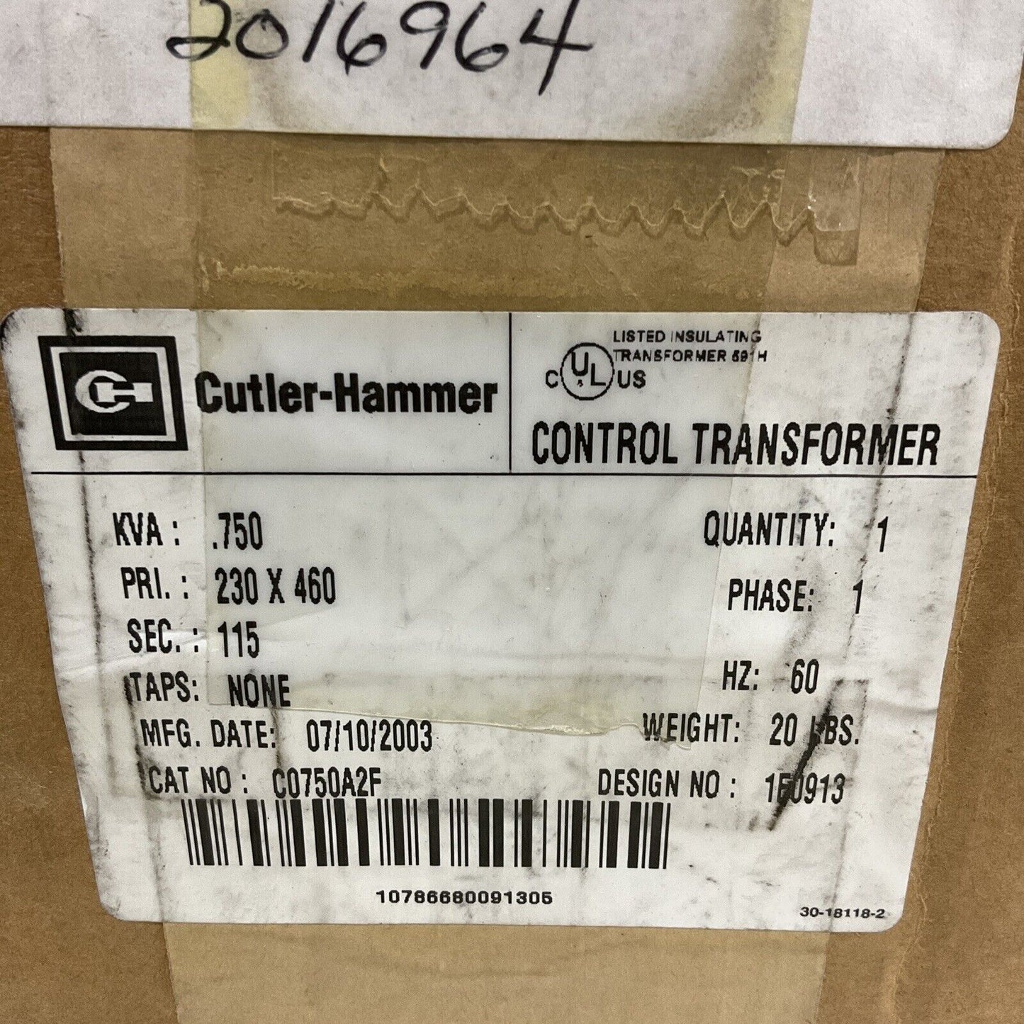 CUTLER-HAMMER C0750A2 CONTROL TRANSFORMER 60 HZ 373