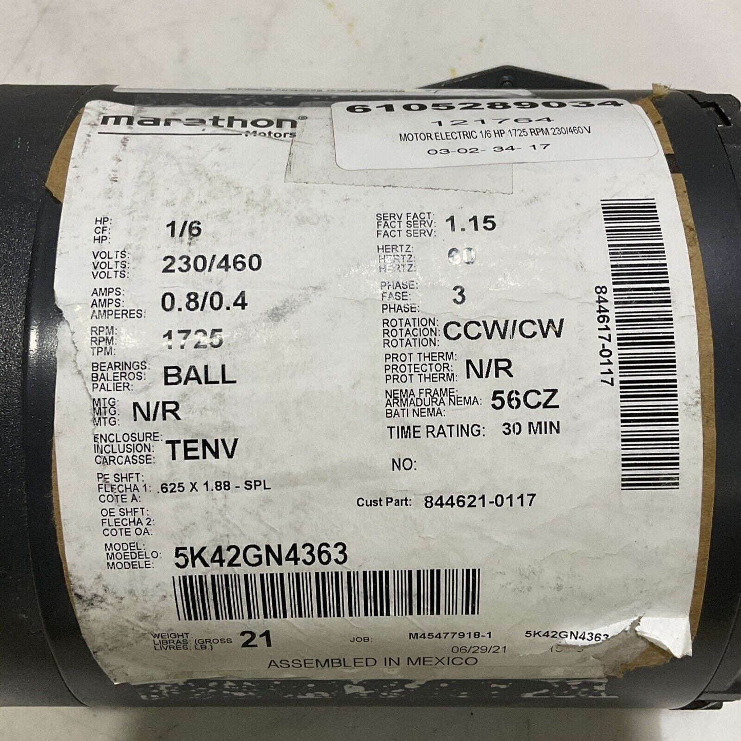 DIAMOND POWER 5K42GN4363 ELECTRIC MOTOR 1/6 HP 230/460 V 1725 RPM 60 HZ 3 PH 373