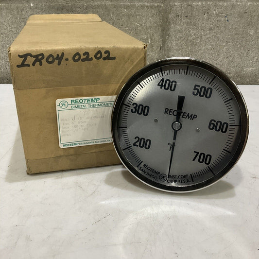 REOTEMP J BIMETAL THERMOMETER 6” STEM 150-750 F 1/2” NPT 373
