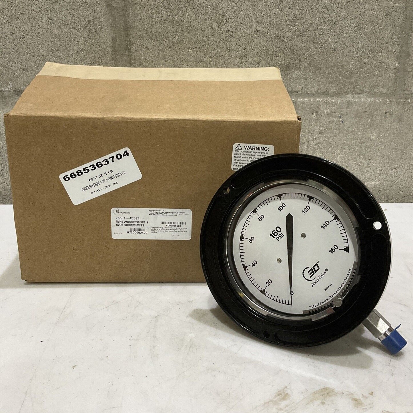 3D INSTRUMENTS 25504-45B71 PRESSURE GAUGE 4-1/2” 1/4” NPT 0-160 PSI 373