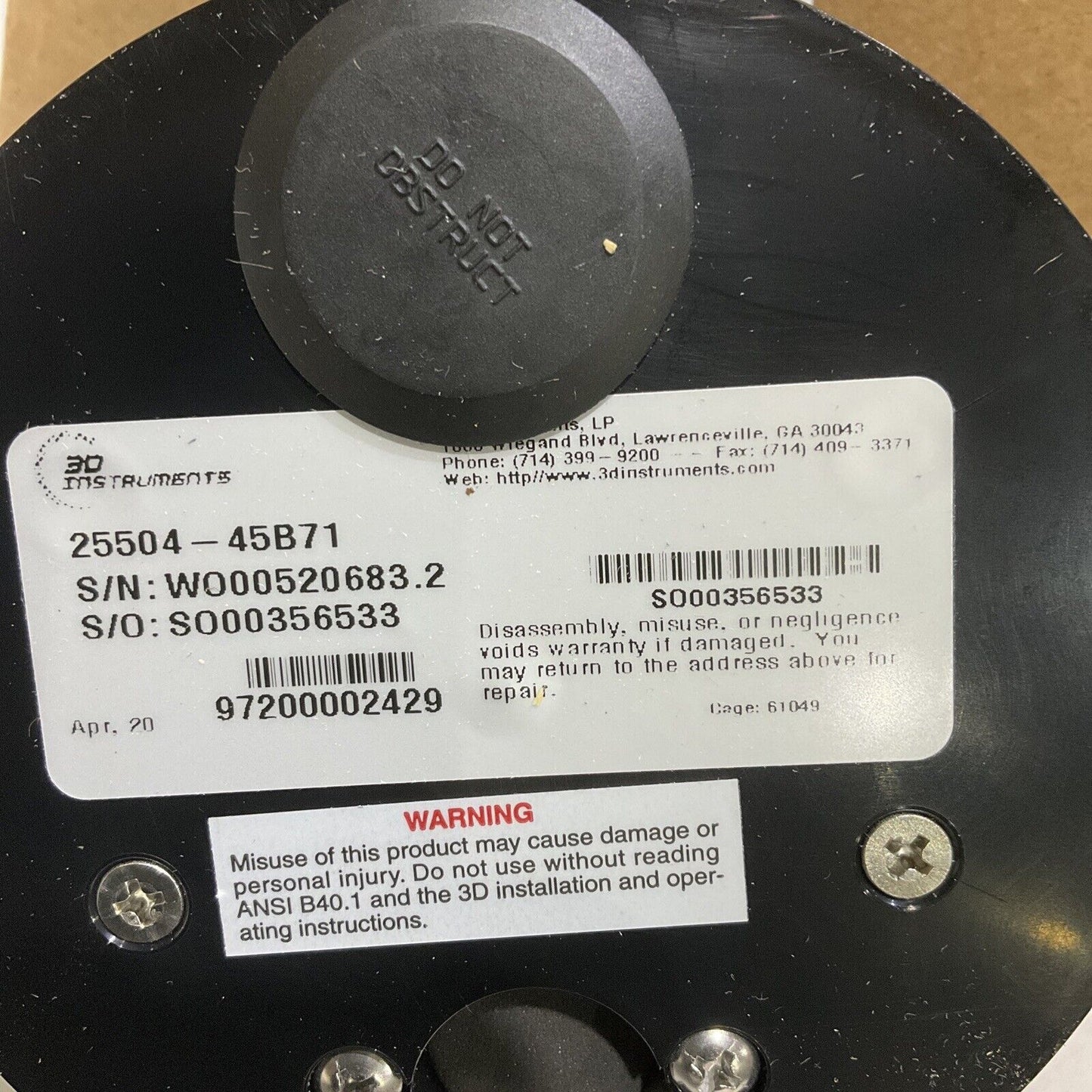 3D INSTRUMENTS 25504-45B71 PRESSURE GAUGE 4-1/2” 1/4” NPT 0-160 PSI 373
