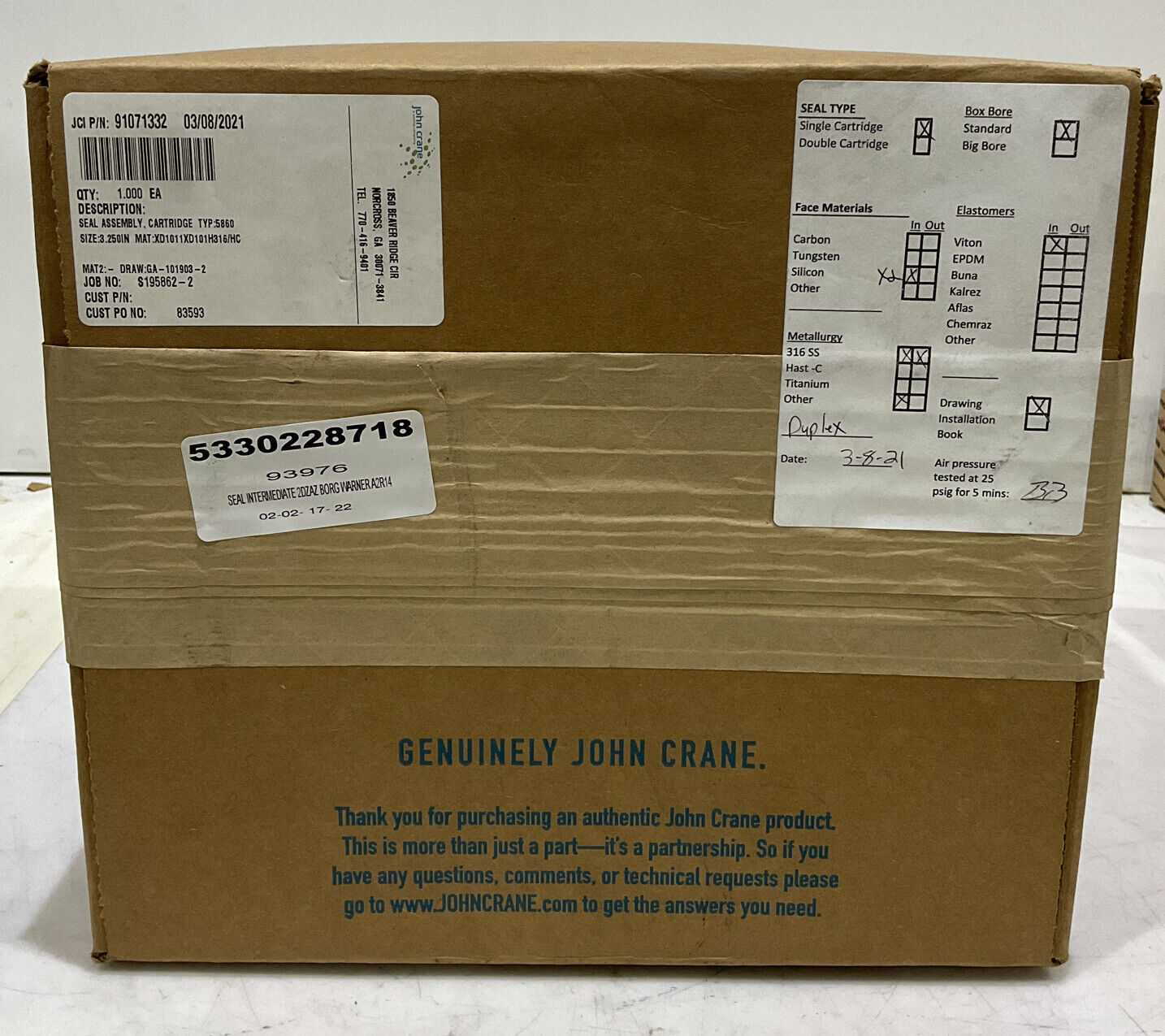 JOHN CRANE 91071332 SEAL ASSEMBLY CARTRIDGE 5860 3 1/4” 373