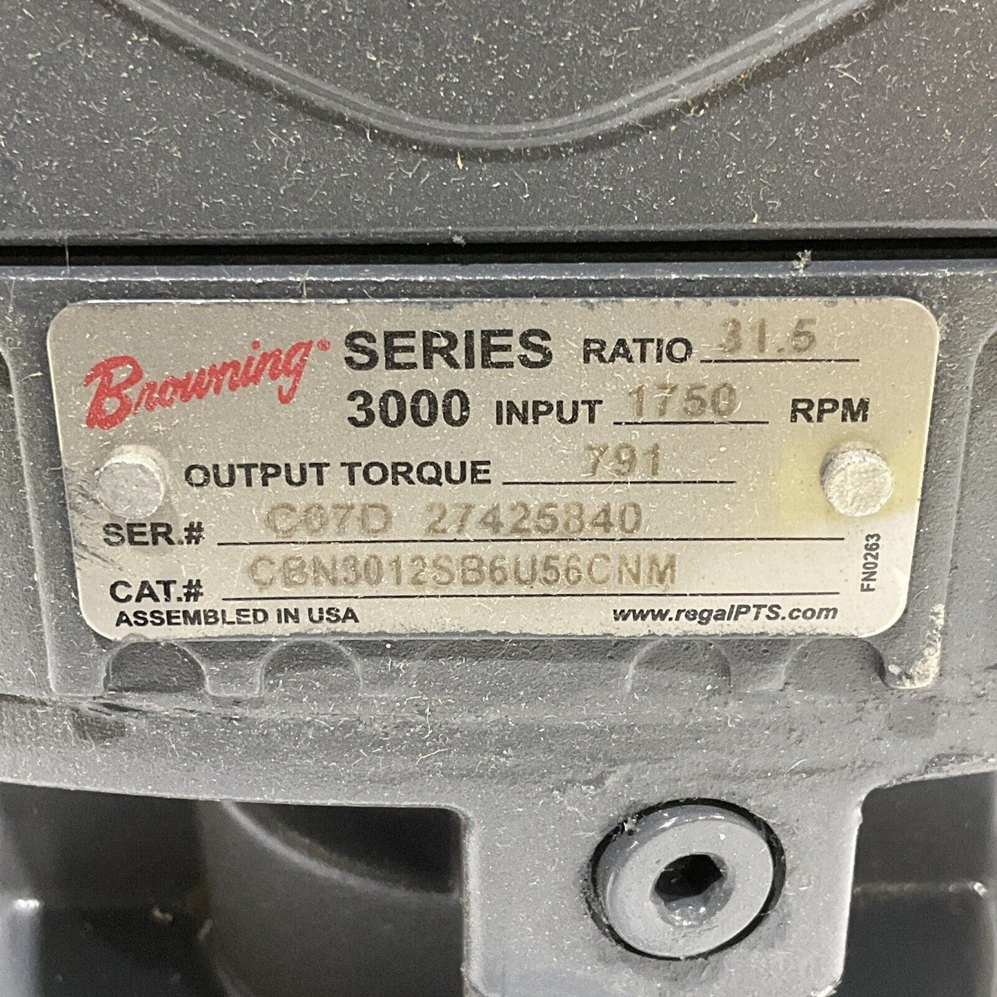 BROWNING CBN3012SB6U56CNM GEAR MOTOR SERIES 3000 31.5 RATIO 1750 RPM 373