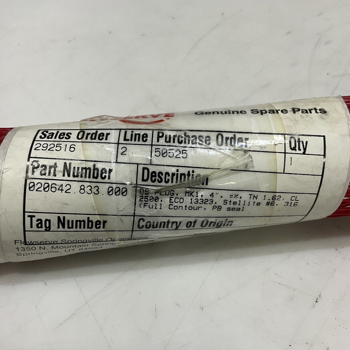 VALTEK FLOWSERVE 020642.833.000 VALVE PLUG 2500 LB MK 1 4” ECO 13323 TN 1.62 373