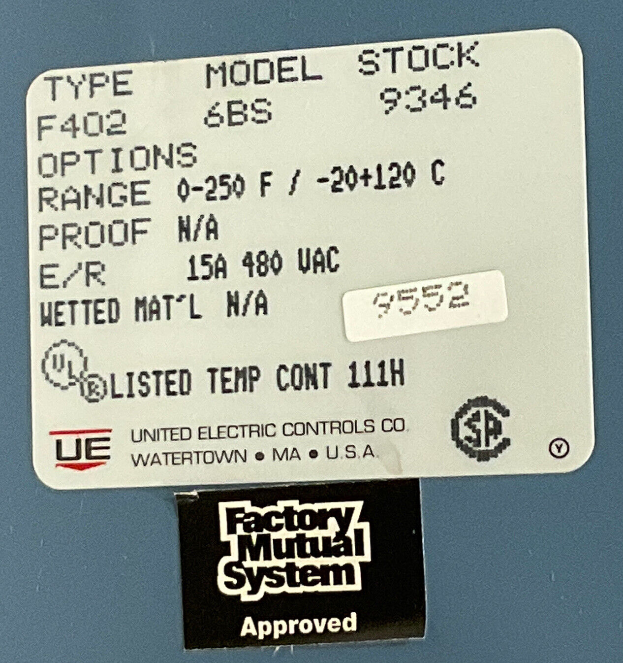 UNITED ELECTRIC F40L 6BS TEMPERATURE CONTROL 0-250 15A 480VAC 373