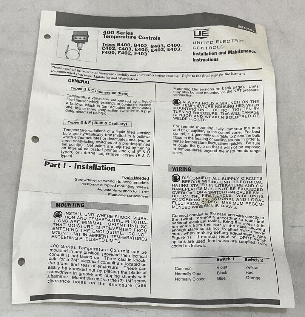 UNITED ELECTRIC F40L 6BS TEMPERATURE CONTROL 0-250 15A 480VAC 373