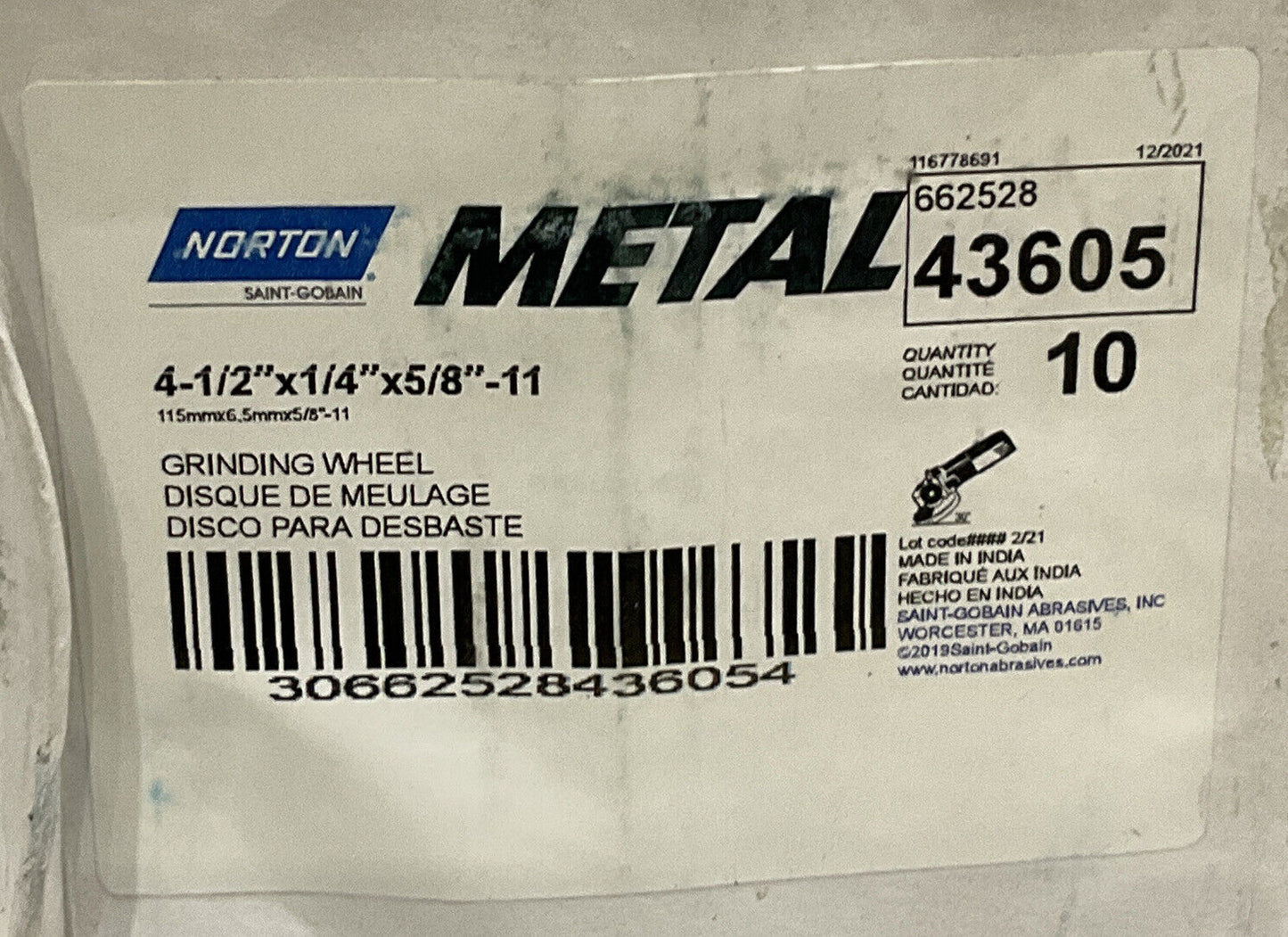 NORTON METAL 43605 662528 4 1/2” GRINDING WEEL LOT OF 10 373