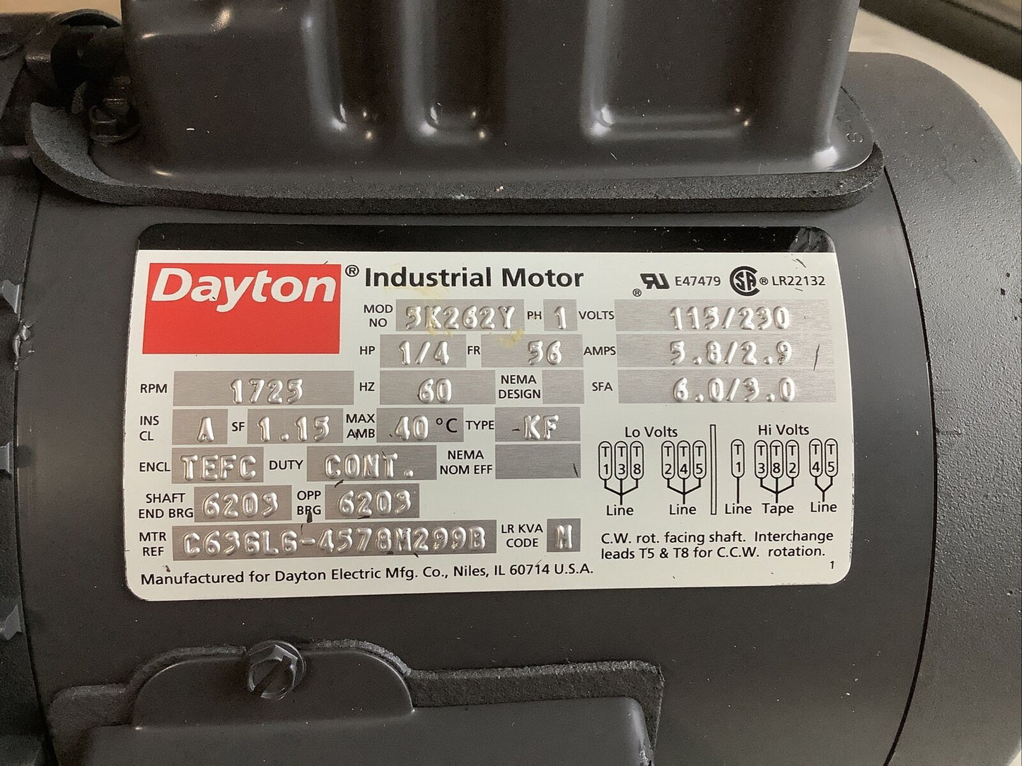 DAYTON 5K262Y GENERAL PURPOSE MOTOR 1PH 1/4HP 1725RPM 373