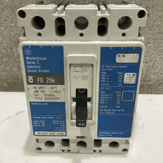 WESTINGHOUSE FD25K INDUSTRIAL CIRCUIT BREAKER 40 AMPS 600 VAC 3 POLE 373