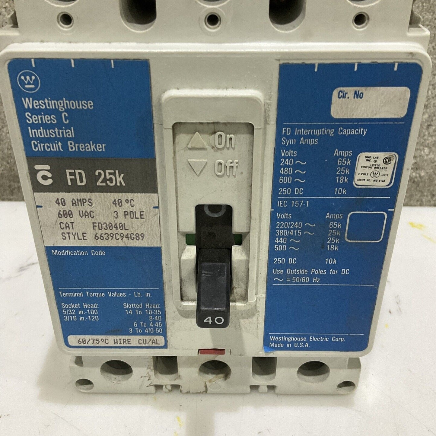 WESTINGHOUSE FD25K INDUSTRIAL CIRCUIT BREAKER 40 AMPS 600 VAC 3 POLE 373