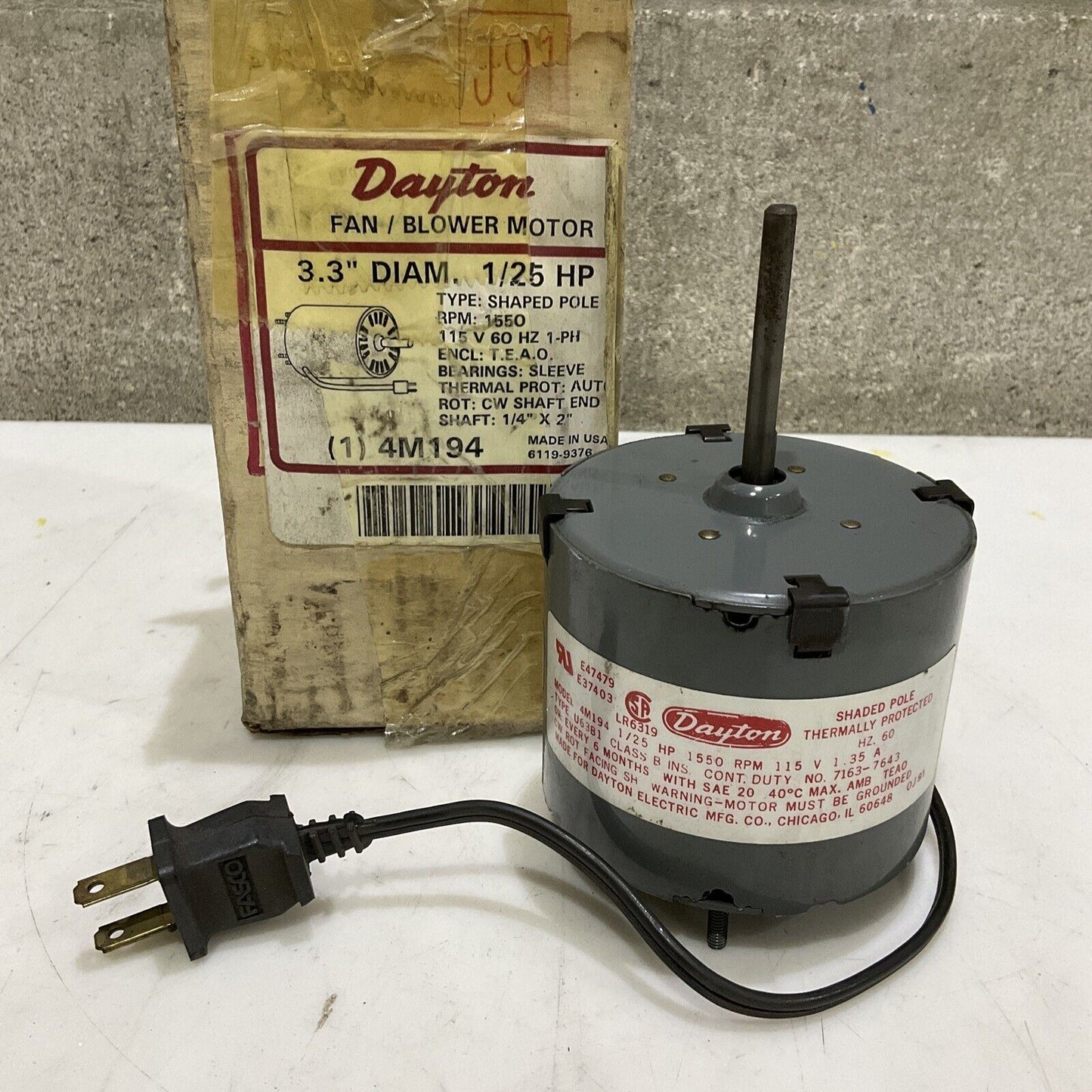 DAYTON 4M194 FAN BLOWER MOTOR 3.3” 1/25 HP 115V 60 HZ 1-PH 373