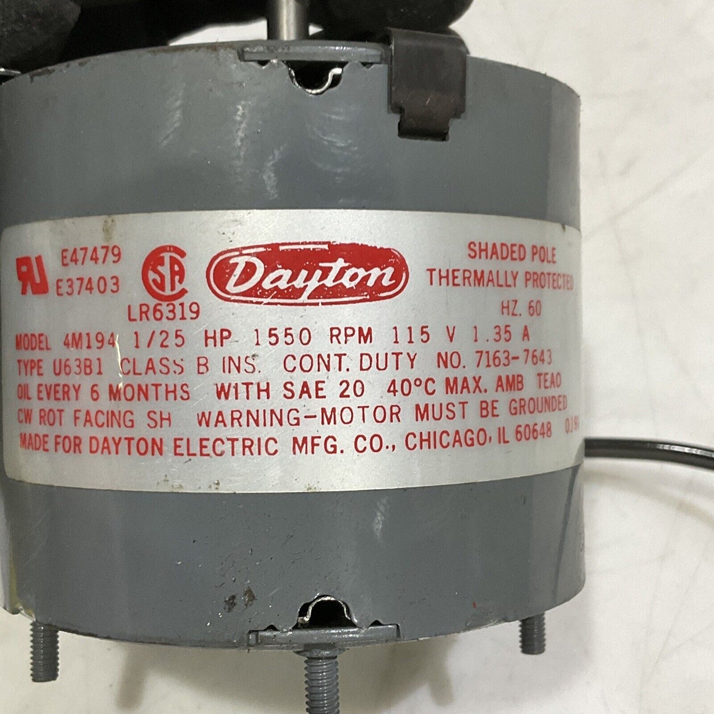 DAYTON 4M194 FAN BLOWER MOTOR 3.3” 1/25 HP 115V 60 HZ 1-PH 373