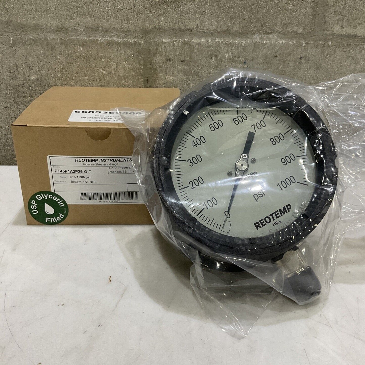 REOTEMP PT45P1A2P25-G-T INDUSTRIAL PRESSURE GAUGE 4-1/2” 1/2” 0-1000 PSI 373