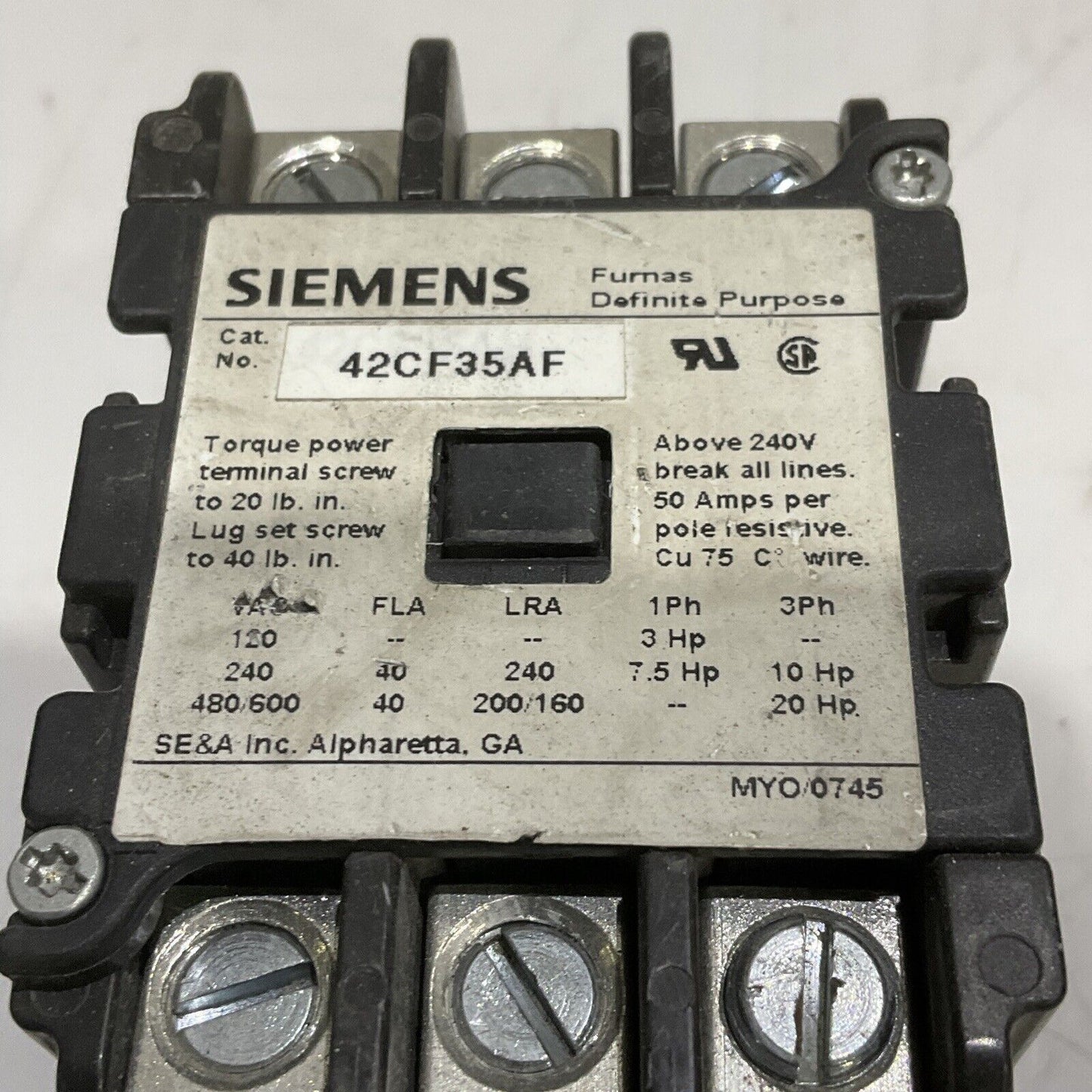 SIEMENS 42CF35AF DEFINITE PURPOSE CONTACTOR 373