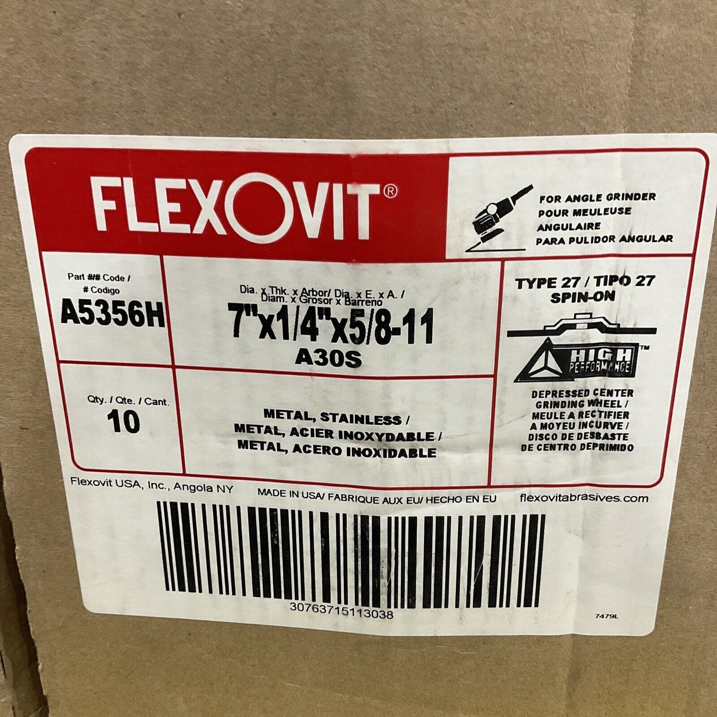 FLEXOVIT A5356H A30S ABRASIVE WHEEL GRIND 7” X 1/4” X 5/8-11 27 LOT OF 20373